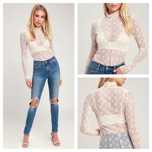 FREE PEOPLE Lace Turtleneck Top, Beige, Size Small
